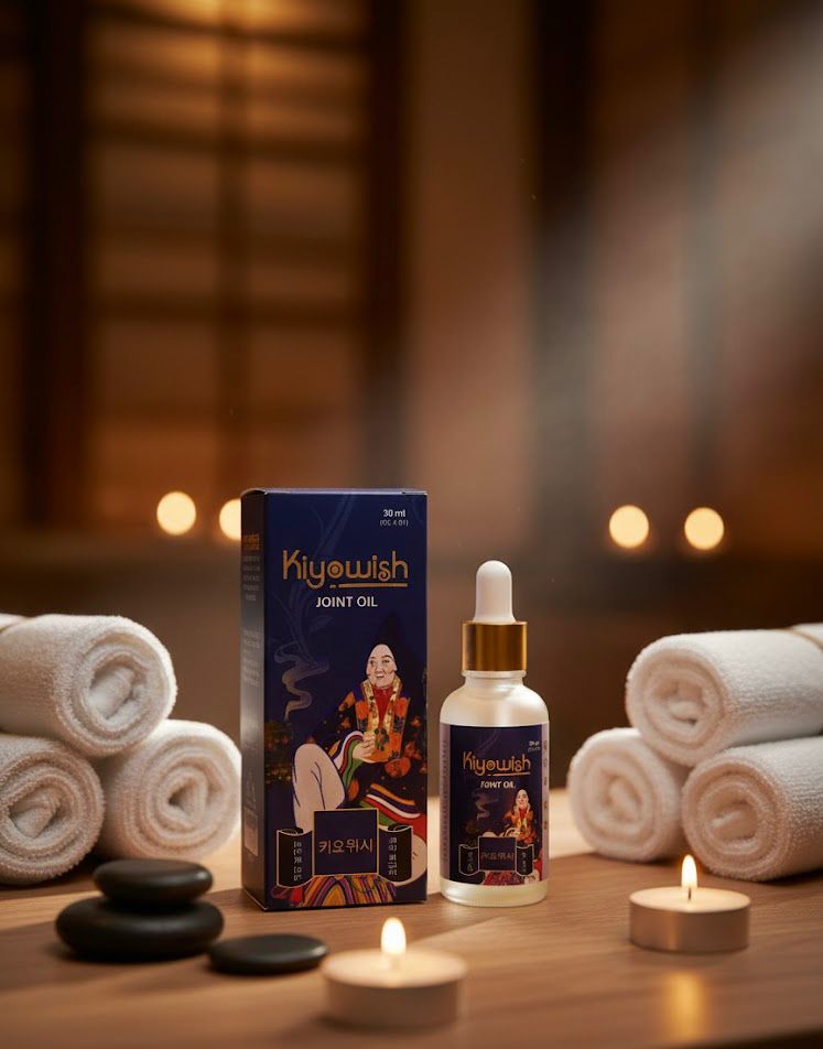 Kiyowish wellness oils displayed on a wooden surface